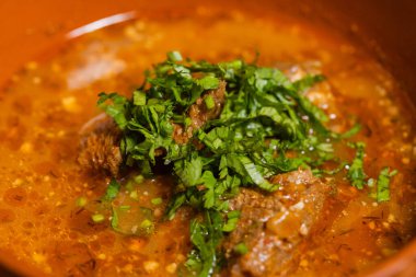 sığır eti sebze çorbası dereotu ve maydanoz ile süslenmiş.