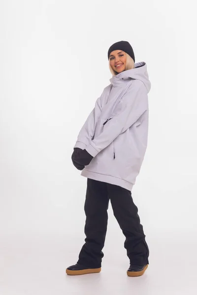 Skier happy caucasian satisfied smiling woman 20s wear warm padded windbreaker jacket ski. — Fotografia de Stock