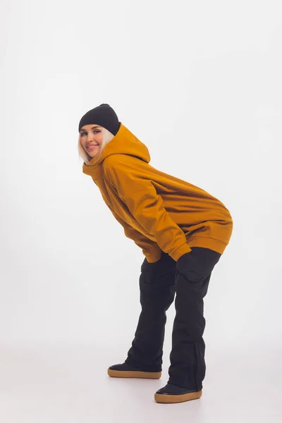 Skier happy caucasian satisfied smiling woman 20s wear warm padded windbreaker jacket ski. — Fotografia de Stock
