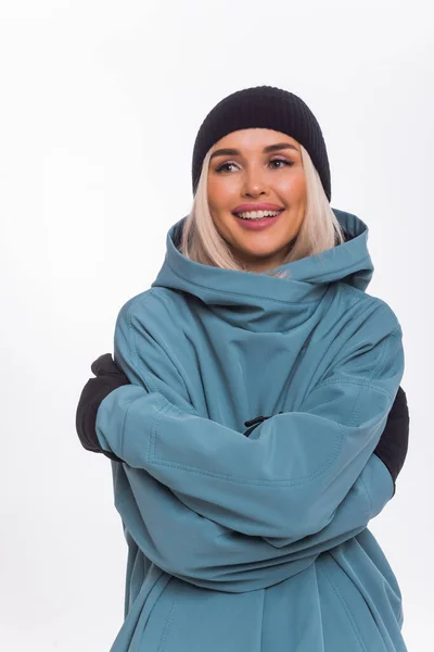 Skier happy caucasian satisfied smiling woman 20s wear warm padded windbreaker jacket ski. — 스톡 사진