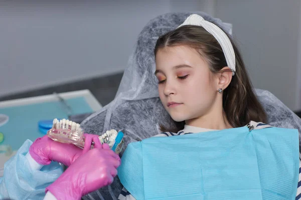 Маленька дівчинка чистить іграшкові зубні протези зубною щіткою . — стокове фото