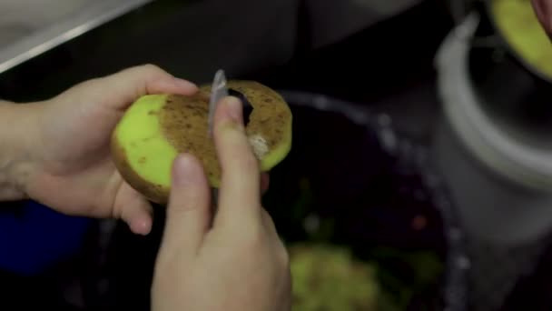 Close up of mans hands peeling a golden potato and removing vegetables skin with potato peeler. — Stock Video