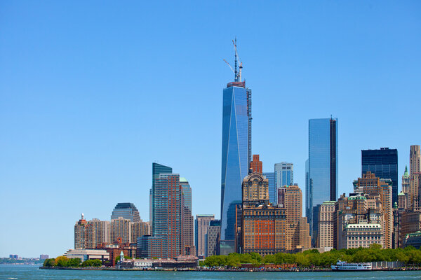 New York City, USA, skyline panorama of lower downtown Manhattan business district