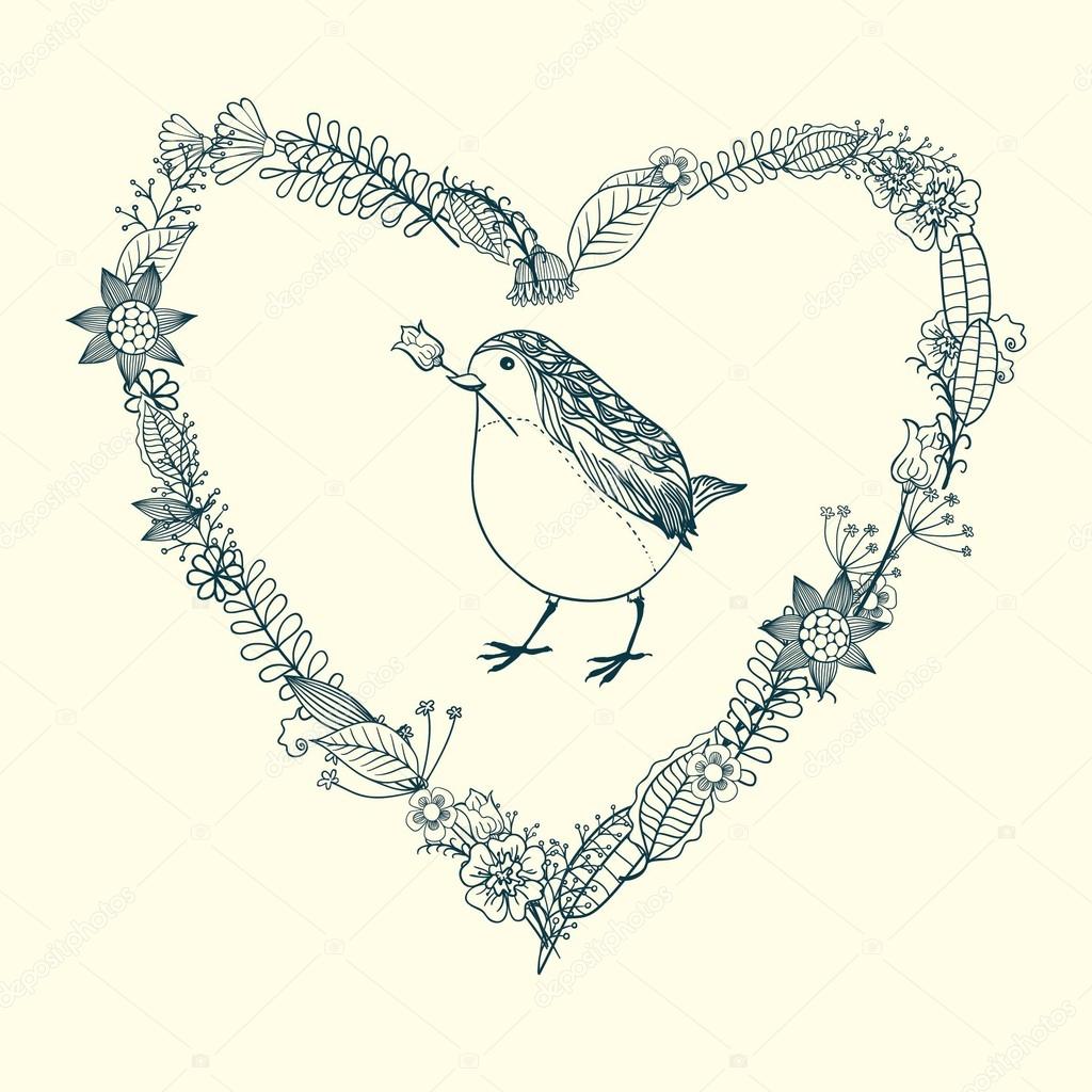 A bird with flower standing in a heart frame
