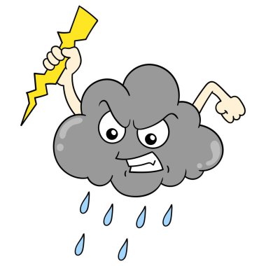 Şimşek ve sağanak yağış tutan şeytani bulut, karalama simgesi Kawaii