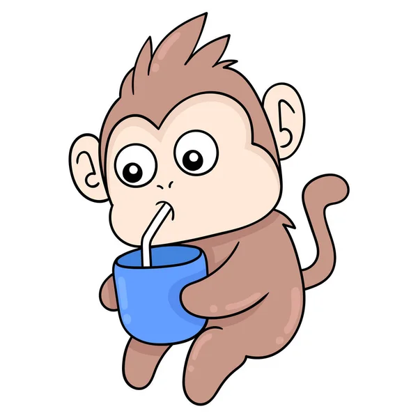 Μικρή Μαϊμού Κάθεται Πίνοντας Γάλα Από Ένα Καλαμάκι Doodle Εικόνα — Διανυσματικό Αρχείο