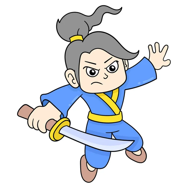 Ninja Draagt Een Scherp Zwaard Klaar Vechten Doodle Icoon Afbeelding — Stockvector