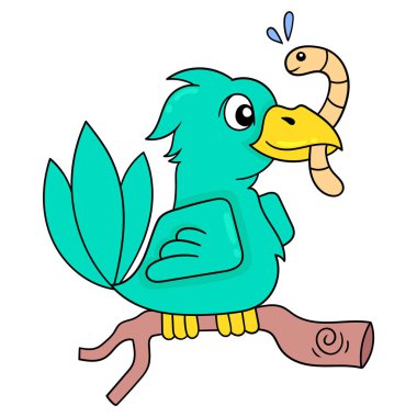 Kuşlar ağaç dallarına tünemiş, yemek için tırtıllar taşıyorlar, simge imajı kawaii