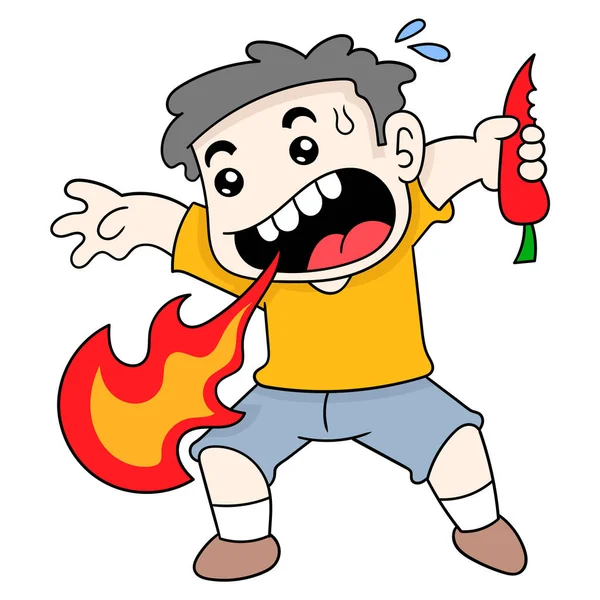 Boy Spouts Fire Because Eats Super Spicy Chili Doodle Icon — Stock Vector