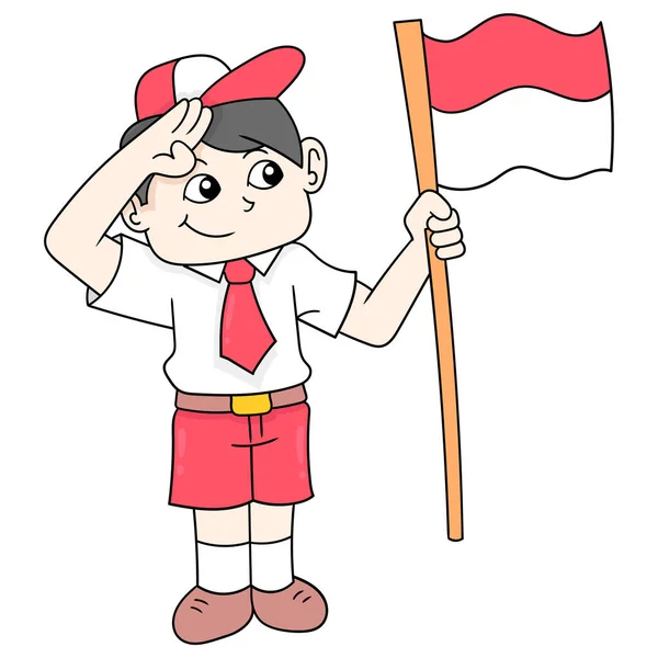 Basisschool Jongen Viert Indonesische Onafhankelijkheidsdag Met Rode Witte Vlag Doodle — Stockvector