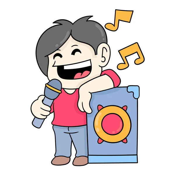 Chico Feliz Cantando Una Hermosa Canción Doodle Icono Imagen Kawaii — Vector de stock