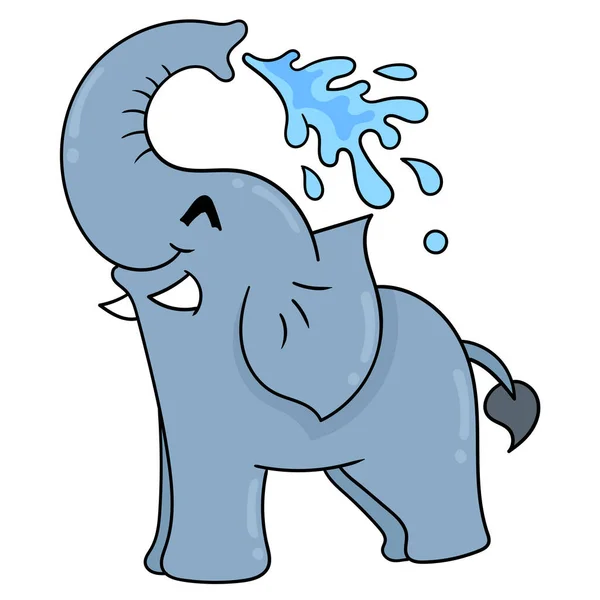 Elefante Feliz Banho Esguichando Água Tronco Doodle Ícone Imagem Kawaii —  Vetores de Stock