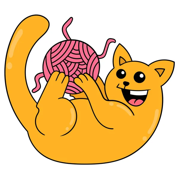 Glad Katt Leker Med Tråd Klotter Ikon Bild Kawaii — Stock vektor