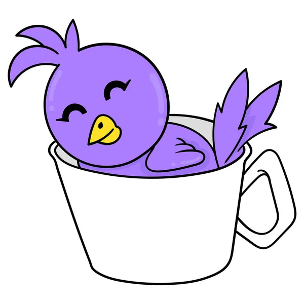 Petit Oiseau Violet Dort Heureux Dans Une Tasse Image Icône — Image vectorielle