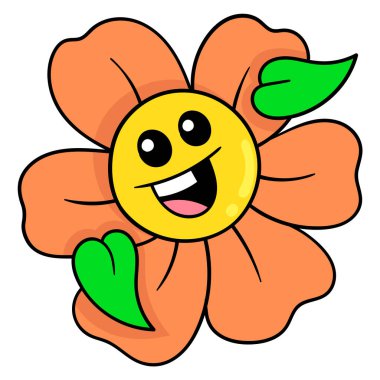 turuncu taze ayçiçeği mutlu bir şekilde gülüyor, karalama simgesi çiziyor