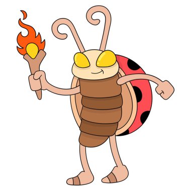 Uğur böceği elinde bir ışık feneri, karalama ikonu resmi Kawaii taşıyor.