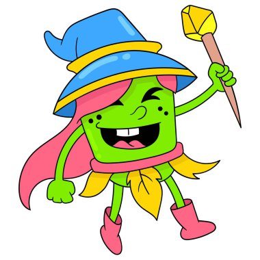 Sihirli değnek güçlü cadı mutlu yürür, karalama simgesi imajı Kawaii