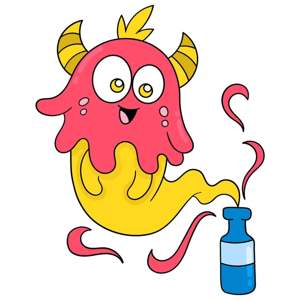 Funny Laughing Face Monster Ghost Coming Out Small Bottle Doodle — Stock Vector