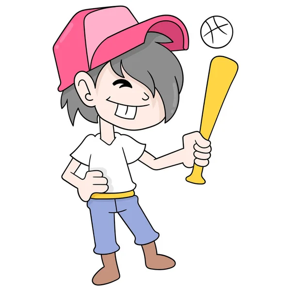 Baseball Boy Player Holding Ball Bat Stick Doodle Icon Image — Stock Vector