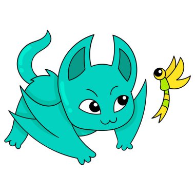 Kedi uçan yusufçukla oynuyor, karalama simgesi Kawaii