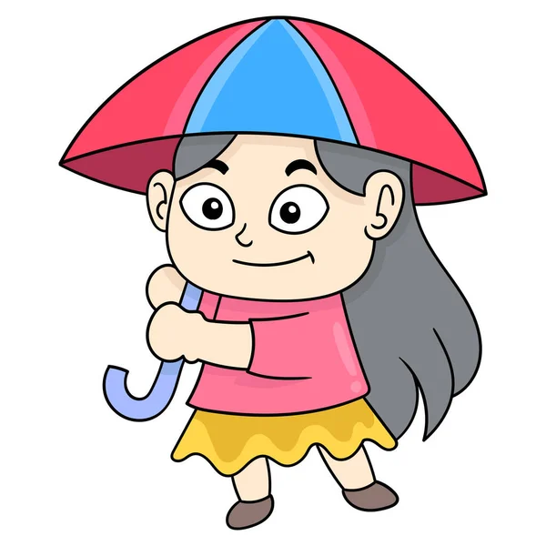 Girl Holding Umbrella Welcoming Rainy Season Doodle Icon Image Kawaii — Stock Vector