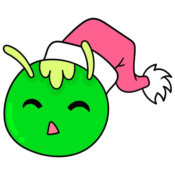 Una Oruga Con Sombrero Navidad Sonriendo Alegremente Dibujando Icono Garabato — Vector de stock