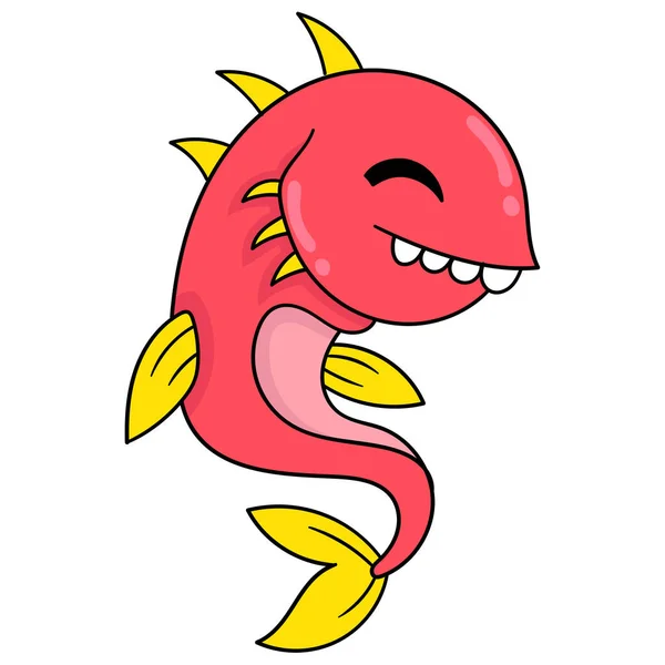 Rojo Piraña Pescado Sonriendo Amistoso Garabato Icono Dibujo — Vector de stock