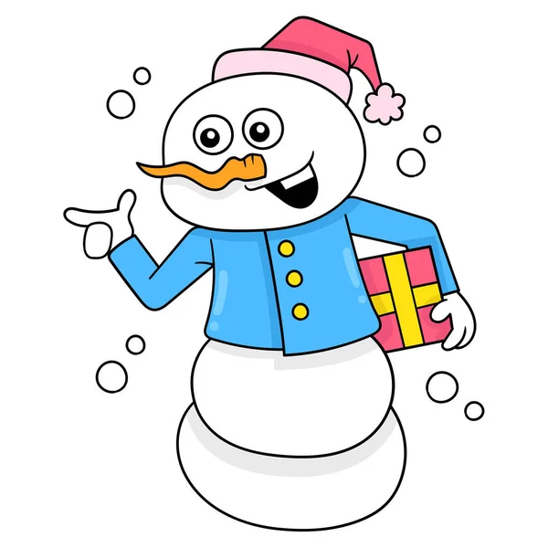 Walking Snowman Brings Surprise Christmas Gift Doodle Icon Image Kawaii — Stock Vector