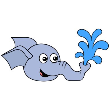 Fil kafası hortumundan su tükürüyor, karalama simgesi çiziyor.