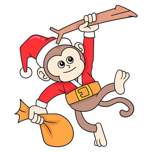 Noel Baba Kostümlü Maymun Hediye Çantası Taşıyor Karalama Ikonu Resmi — Stok Vektör
