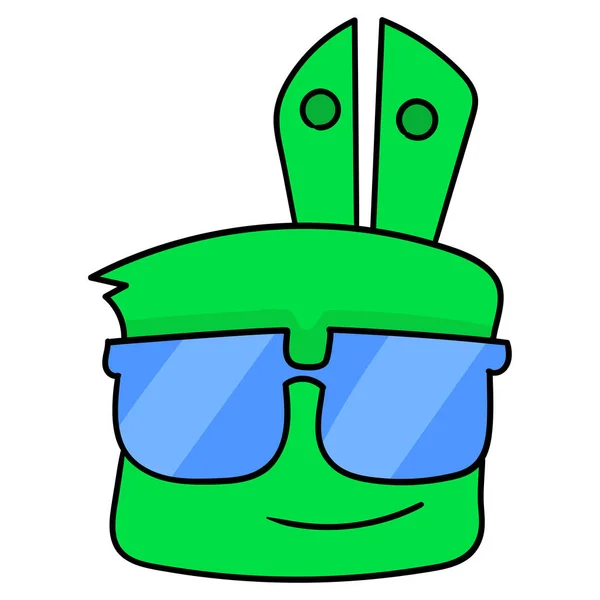 Зеленая Голова Кролика Крутых Очках Рисунок Иконки Каракули — стоковый вектор