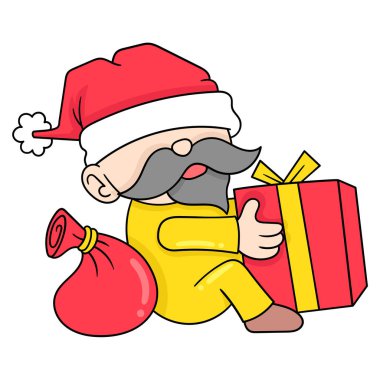 Yaşlı adam oturmuş Kawaii 'nin karalama ikonu Noel hediyelerini düzenliyor.
