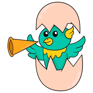 Yavru kuş yumurtadan çıkıyor ve yeni yıl partisini kutluyor, karalama ikonu imajı Kawaii