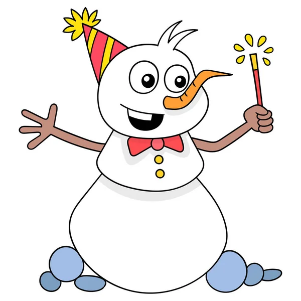 Snowman Happy New Year Celebration Snow Doodle Icon Image Kawaii — Stock Vector