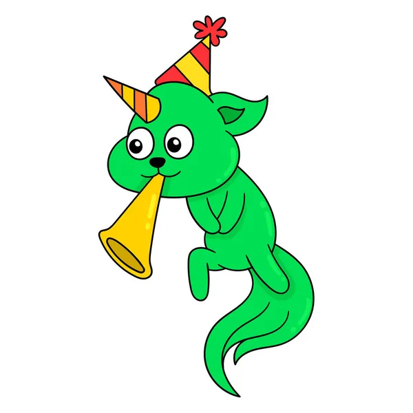 Kat Blaast Trompet Voor Het Nieuwjaarsfeest Doodle Icoon Afbeelding Kawaii — Stockvector