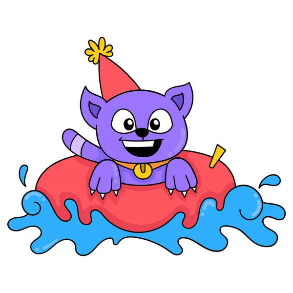 Cat Having New Year Party Swimming Doodle Icon Image Kawaii — Stockový vektor