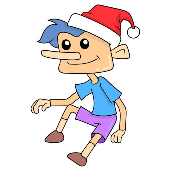 Pinocchio Sărbătorește Crăciunul Petrecere Imaginea Pictogramei Doodle Kawaii — Vector de stoc