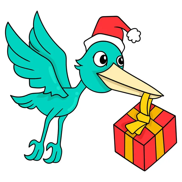 Stork Flying Christmas Present Doodle Icon Image Kawaii — Stock Vector