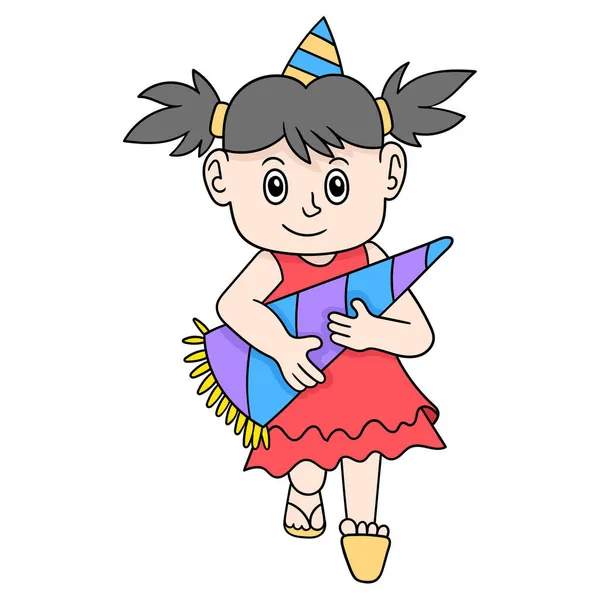 Aranyos Kislány Sétál Ünnepli Születésnapi Party Firka Ikon Kép Kawaii — Stock Vector