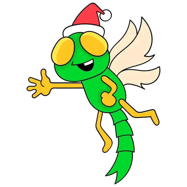 Dragonfly Flying Celebrating Christmas Doodle Icon Image Kawaii — Stock Vector