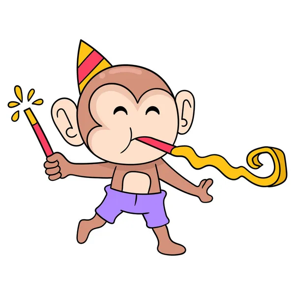 Monkey Celebrating Birthday New Year Party Doodle Icon Image Kawaii — Stock Vector