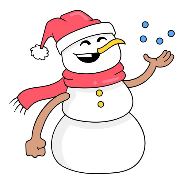 Snowman Wearing Scarf Happily Welcoming Winter Doodle Icon Image Kawaii — Stock Vector