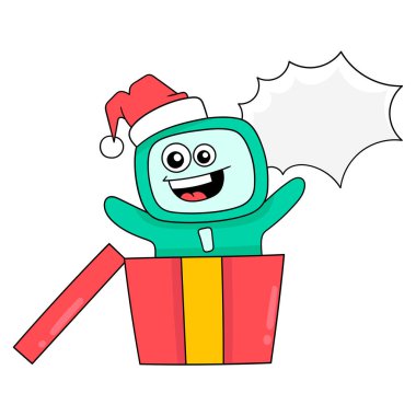 Gülen bebek bir Noel hediyesi kutusunda sürpriz yapar, karalama ikonu imajı Kawaii