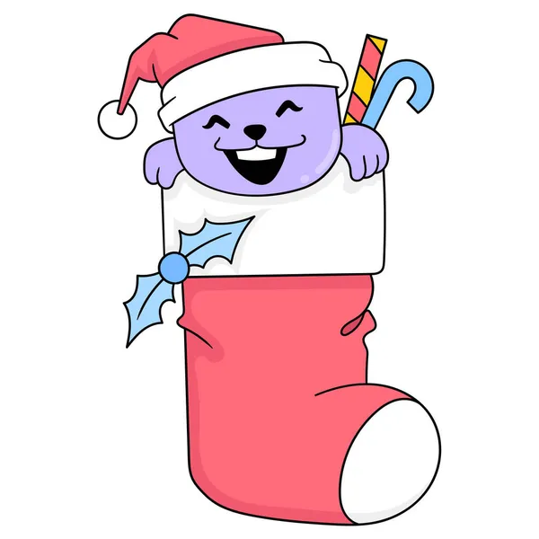 Kočka Slaví Vánoce Vánoční Ponožky Doodle Ikona Obraz Kawaii — Stockový vektor
