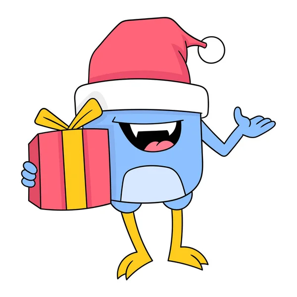 Monstra Přinášejí Vánoční Novoroční Dárky Čmáranice Ikona Obraz Kawaii — Stockový vektor