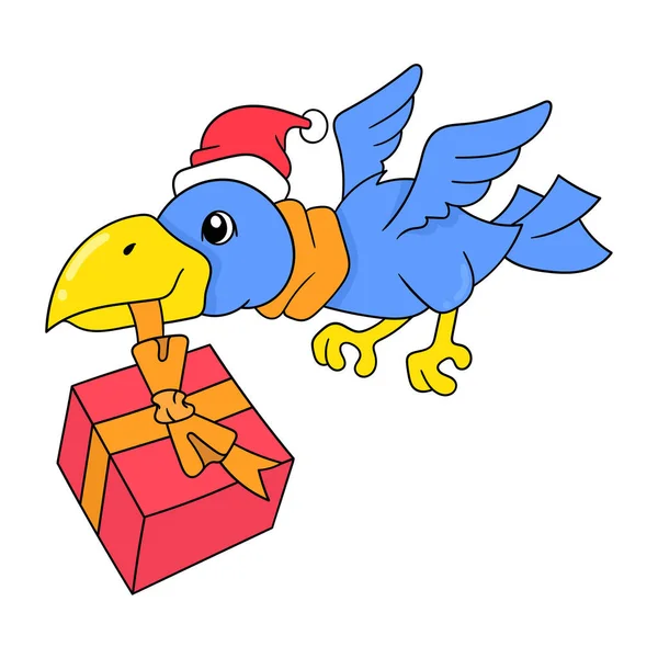 Fliegende Vögel Bringen Weihnachtsgeschenke Doodle Symbolbild Kawaii — Stockvektor