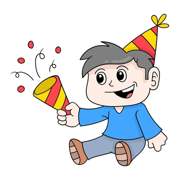 Enfant Garçon Assis Joyeusement Célébrer Anniversaire Image Icône Doodle Kawaii — Image vectorielle