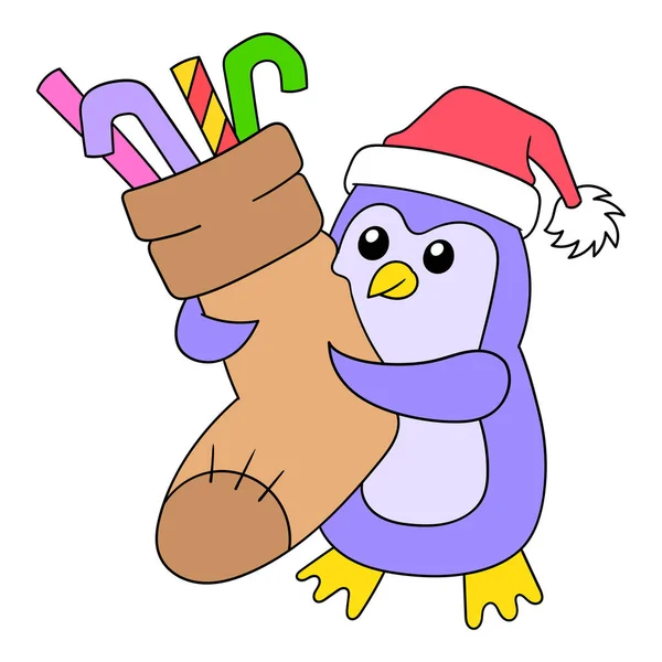 Tučňák Nesoucí Cukrové Tyčinky Vánocům Obrázek Ikony Kawaii — Stockový vektor