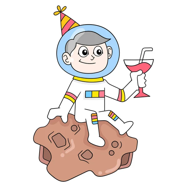 Astronaut Sedí Meteoru Slaví Nový Rok Obrázek Ikony Čmáranice Kawaii — Stockový vektor