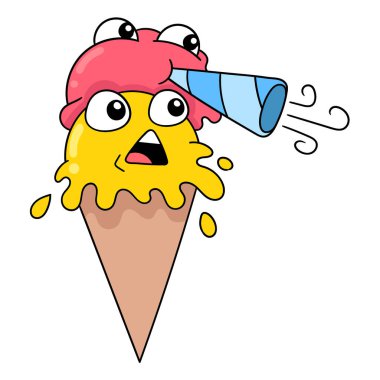 Dondurma külahı trompet üfleme partisini kutluyor, vektör illüstrasyon sanatı. karalama simgesi resmi kawaii.